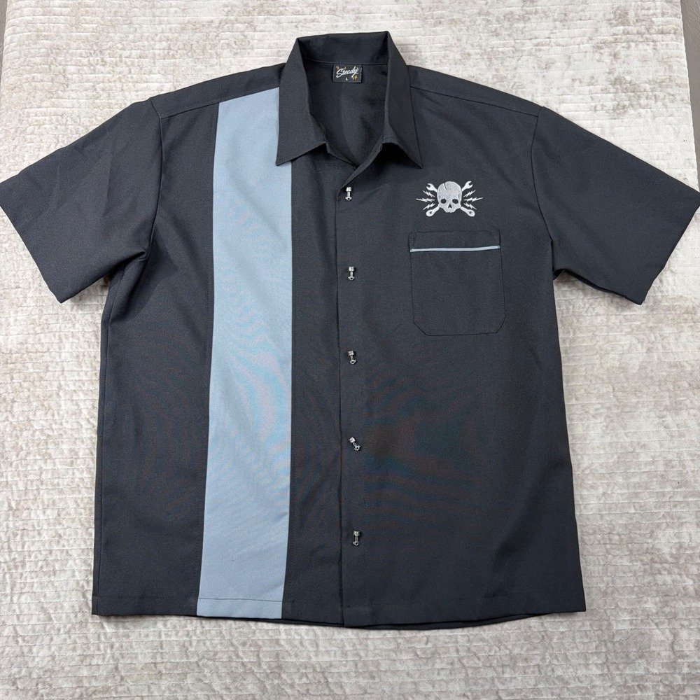 Steady Clothing Mens Bowling Shirt Black Blue Skull Piston Buttons USA ST37092 L